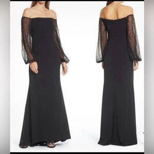 Eliza J Black Off-Shoulder Gown with Sheer Sleeves